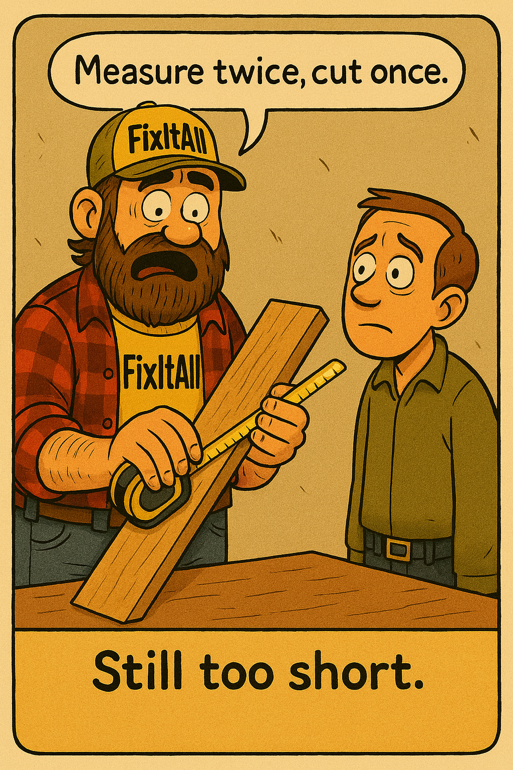 Funny handyman cartoon — Measure twice, cut once, still too short